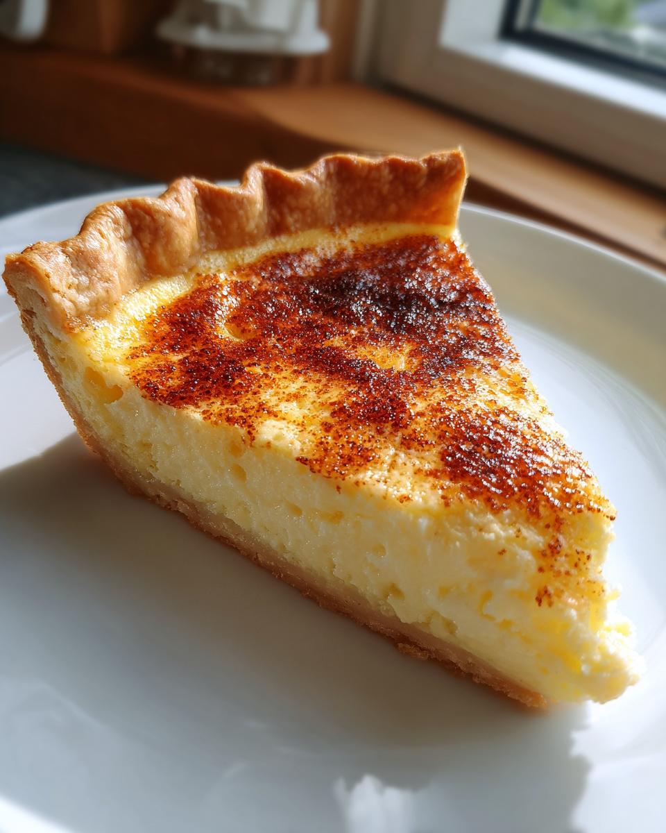 A close-up slice of rich custard pie with a golden, nutmeg-dusted, caramelized top, sitting on a white plate.