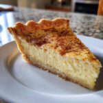 A close-up of a perfectly baked slice of creamy custard pie dusted with cinnamon on a white plate.