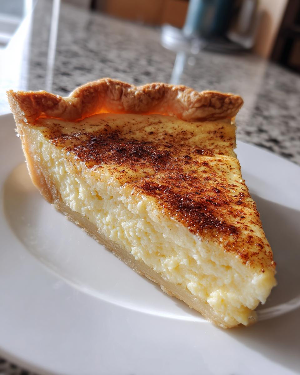 A thick slice of creamy custard pie with a golden, nutmeg-dusted top, sitting on a white plate.
