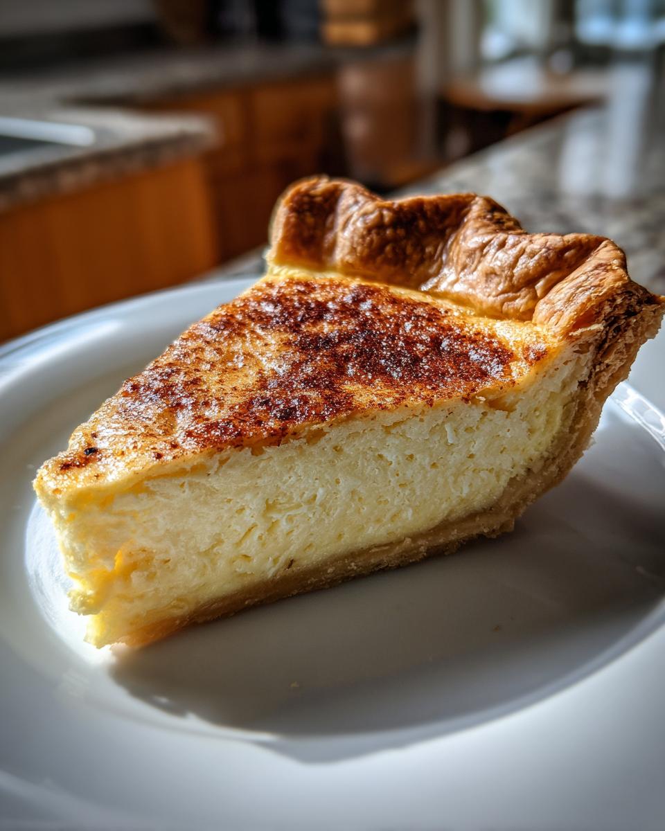 A close-up slice of creamy custard pie with a golden, nutmeg-dusted top, resting on a white plate.
