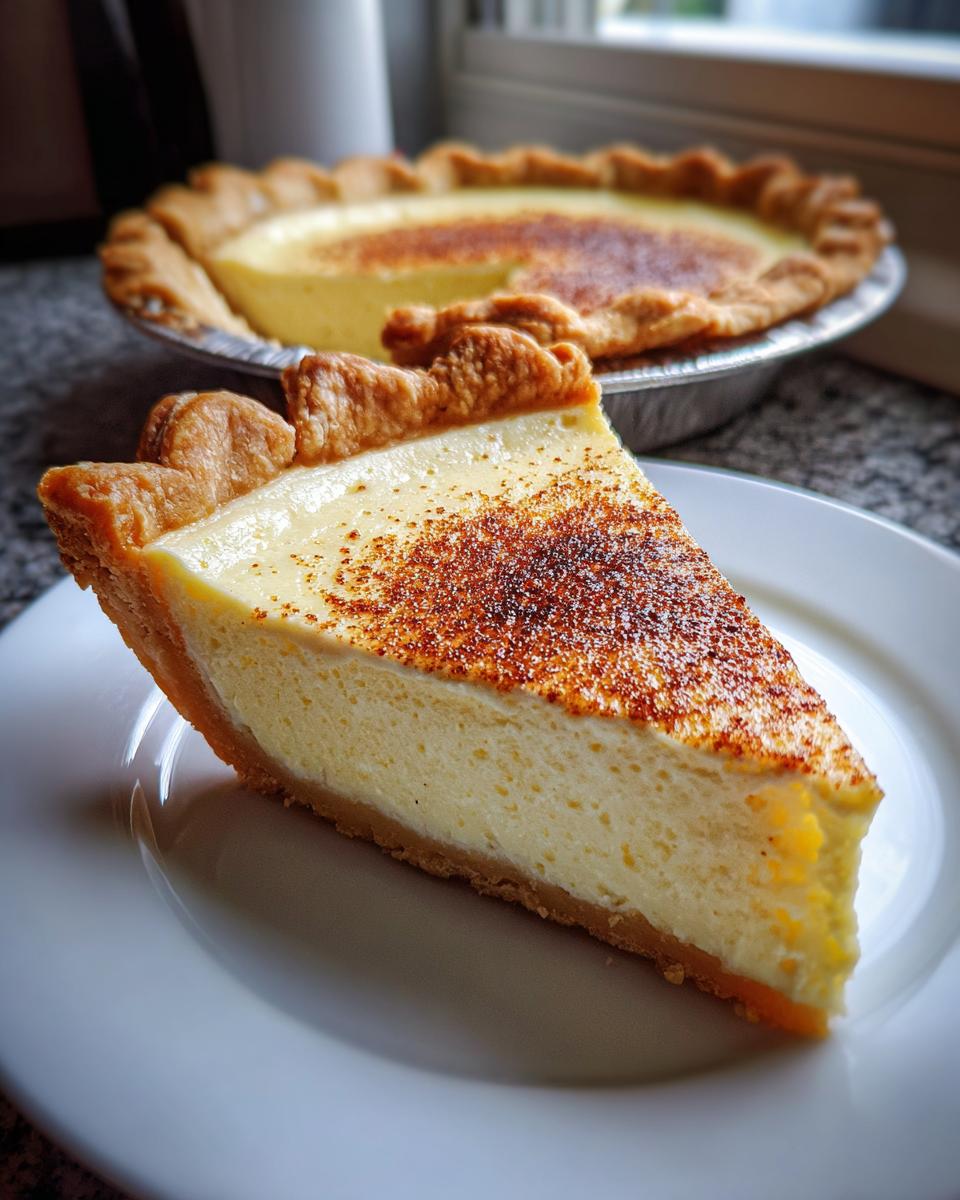 A close-up of a thick slice of creamy custard pie with a golden, flaky crust and a dusting of nutmeg.