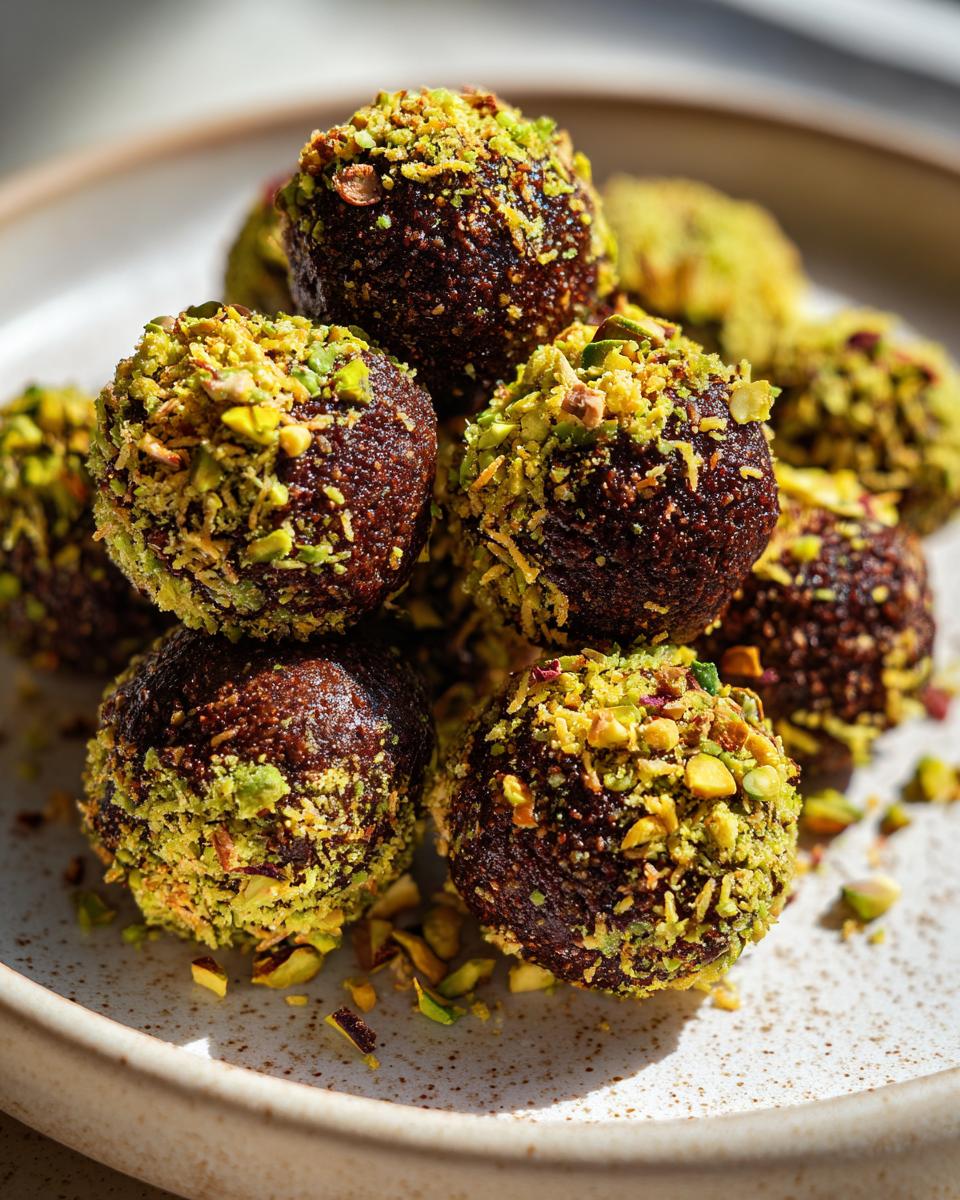 A stack of rich, dark Dubai chocolate balls generously coated in bright green crushed pistachios, resting on a speckled plate.
