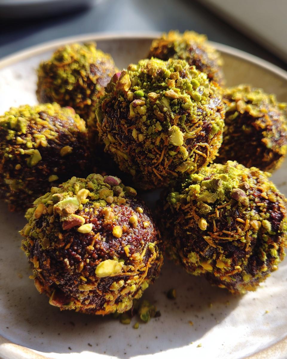 A close-up of several rich, dark Dubai chocolate balls generously coated in bright green crushed pistachios.