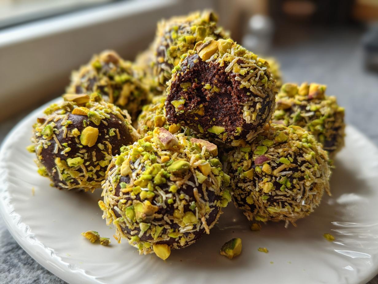 A close-up of several rich, dark Dubai chocolate balls coated generously in chopped pistachios and coconut flakes.