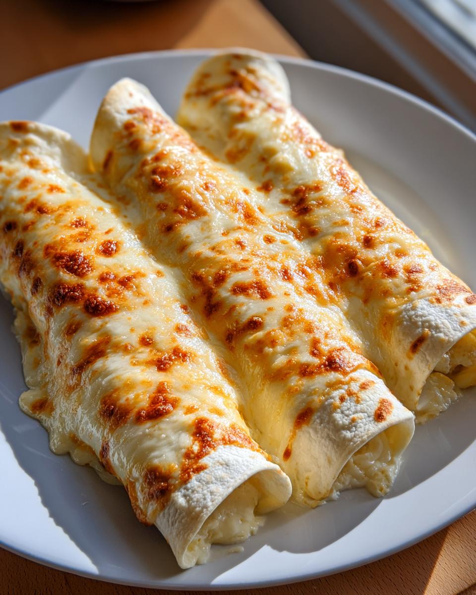 Three rolled easy chicken enchiladas smothered in melted, bubbly, and slightly browned cheese on a white plate.