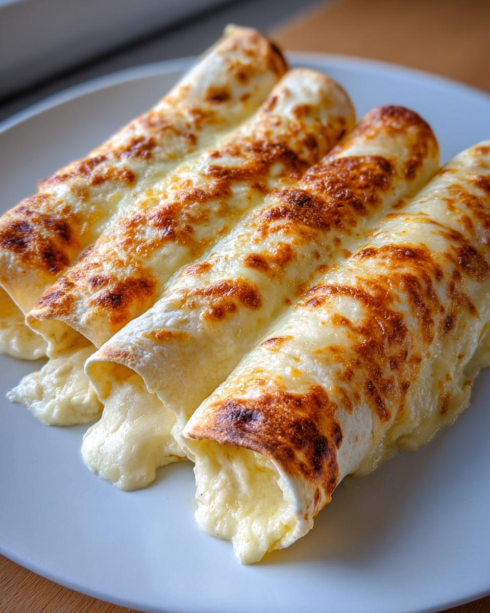 Four rolled easy chicken enchiladas covered in melted, bubbly, slightly browned cheese on a white plate.