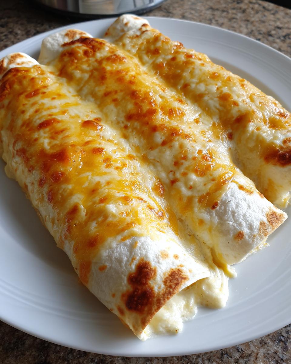 Three rolled tortillas filled and topped with melted, bubbly cheddar and Monterey Jack cheese for easy chicken enchiladas.
