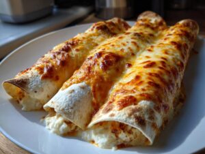 Three baked easy chicken enchiladas covered in bubbly, browned melted cheese served on a white plate.