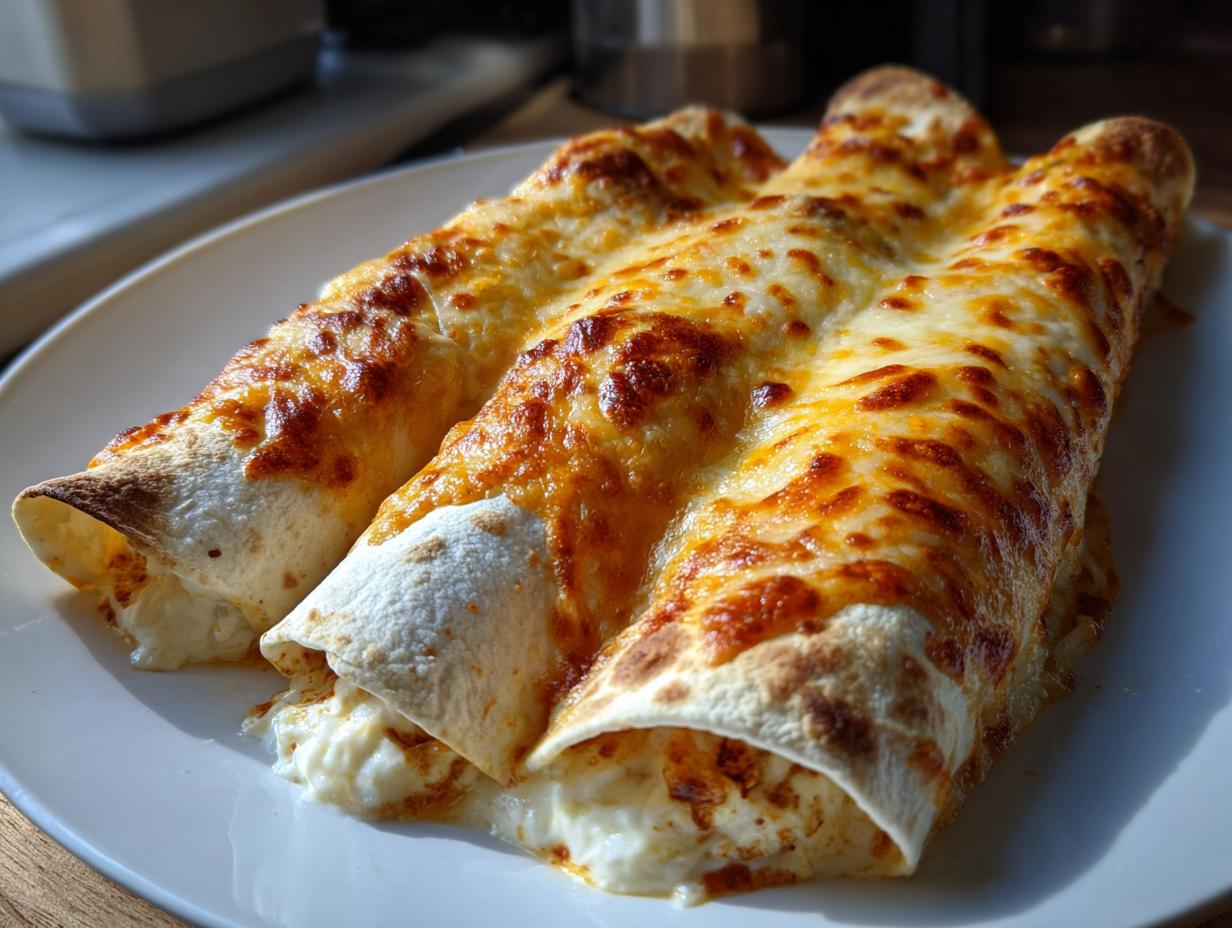 Three baked easy chicken enchiladas covered in bubbly, browned melted cheese served on a white plate.