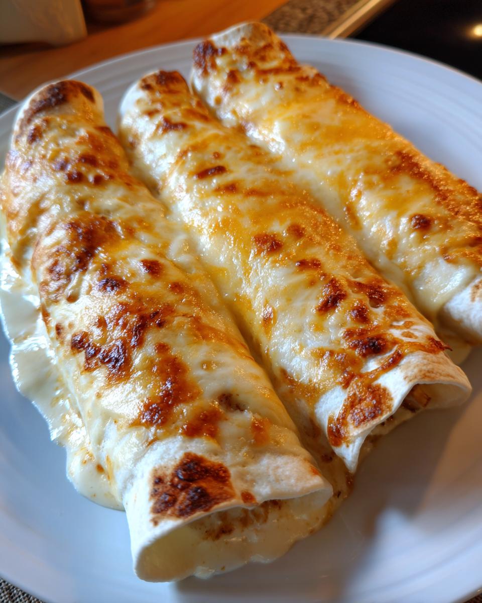 Three baked easy chicken enchiladas covered in bubbly, golden-brown melted cheese on a white plate.