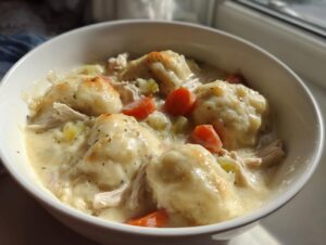 Close-up of a white bowl filled with creamy chicken and dumpling stew, featuring fluffy dumplings and shredded chicken.