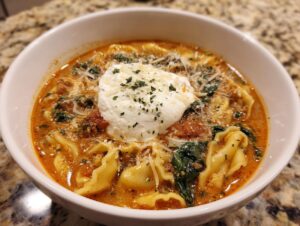 A close-up of a white bowl filled with rich, orange-red creamy lasagna soup, featuring pasta, spinach, and topped with a dollop of ricotta cheese.