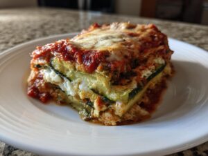 A hearty, layered slice of zucchini lasagna topped with rich tomato sauce and melted cheese on a white plate.