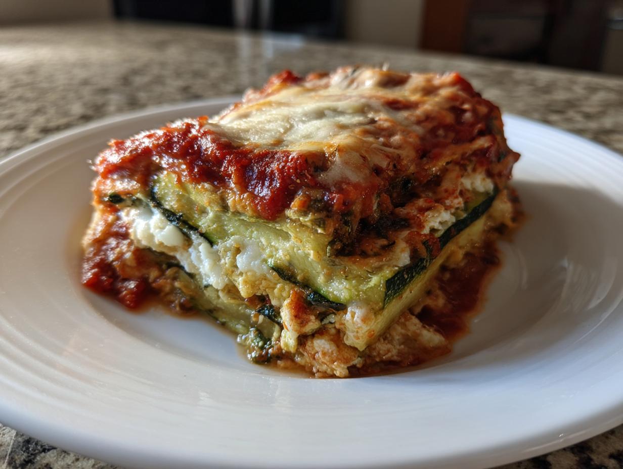 A hearty, layered slice of zucchini lasagna topped with rich tomato sauce and melted cheese on a white plate.