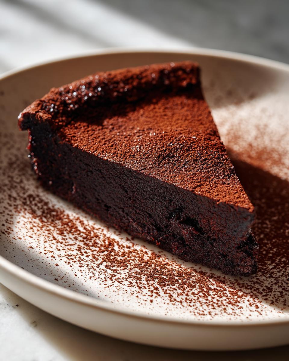 A decadent slice of flourless chocolate torte, heavily dusted with cocoa powder, served on a light plate.