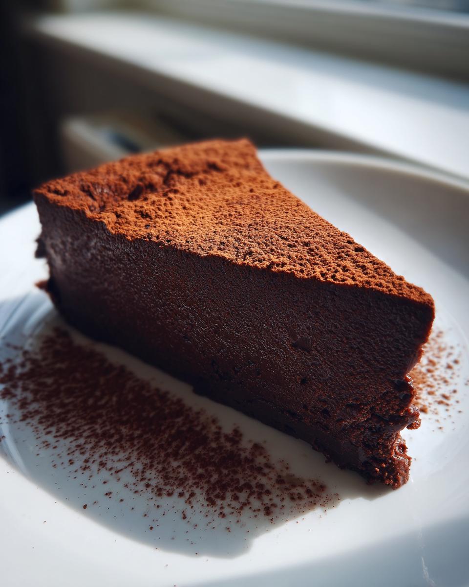A dense, dark slice of flourless chocolate torte dusted heavily with cocoa powder, served on a white plate.