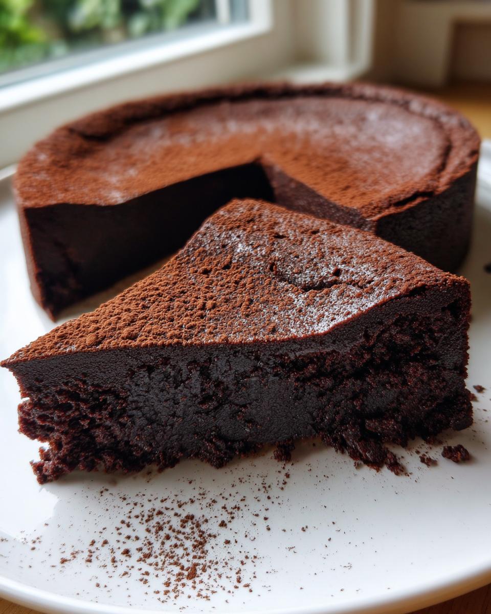A rich, dark slice of flourless chocolate torte dusted with cocoa powder, with the rest of the cake visible behind it.