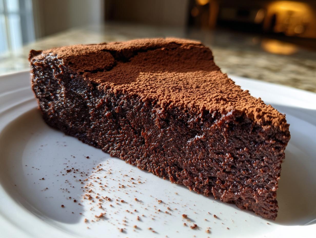 A decadent slice of flourless chocolate torte with a dense, moist texture, dusted heavily with cocoa powder.