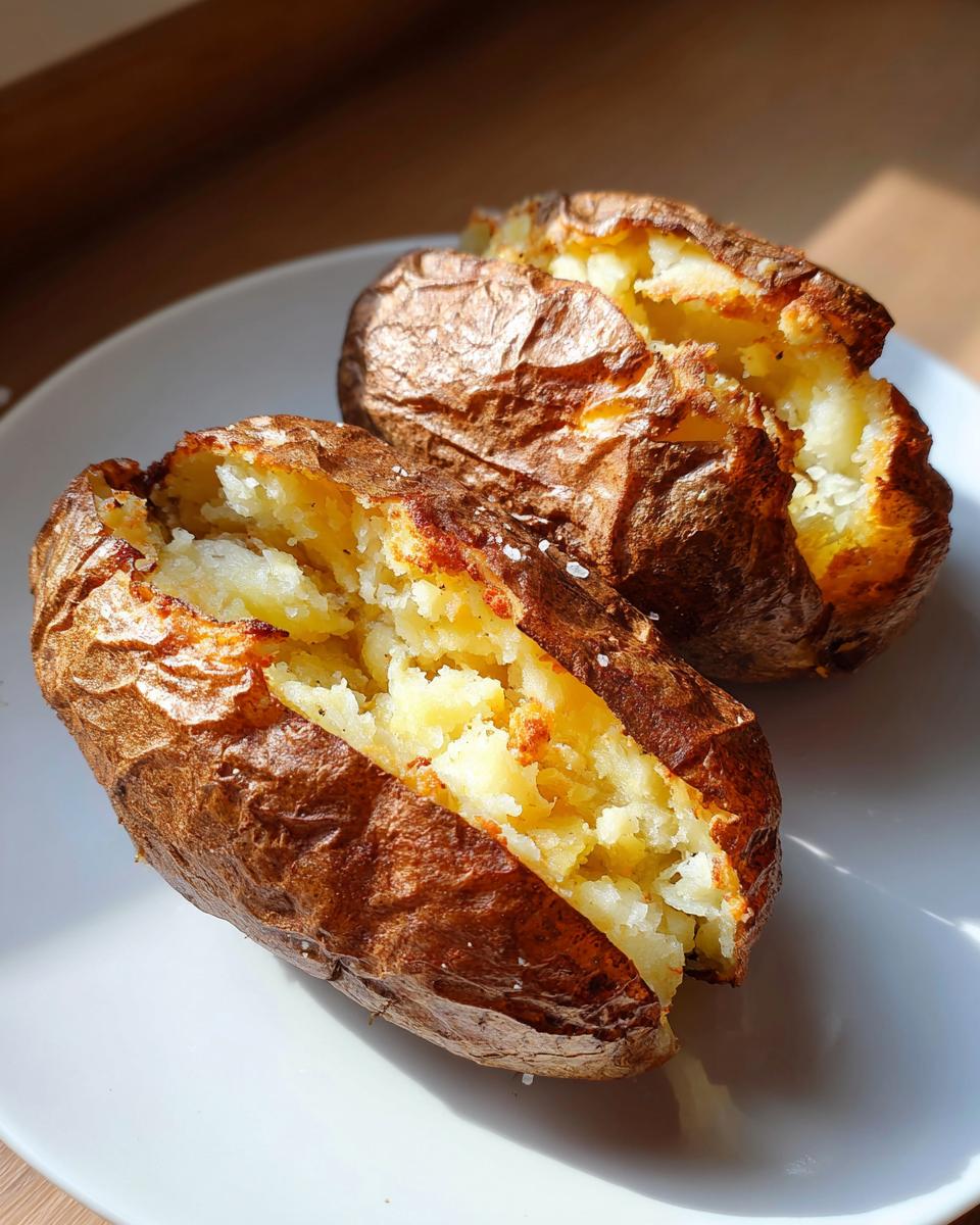 Two fluffy air fryer baked potato halves with crispy, salted skin resting on a white plate.