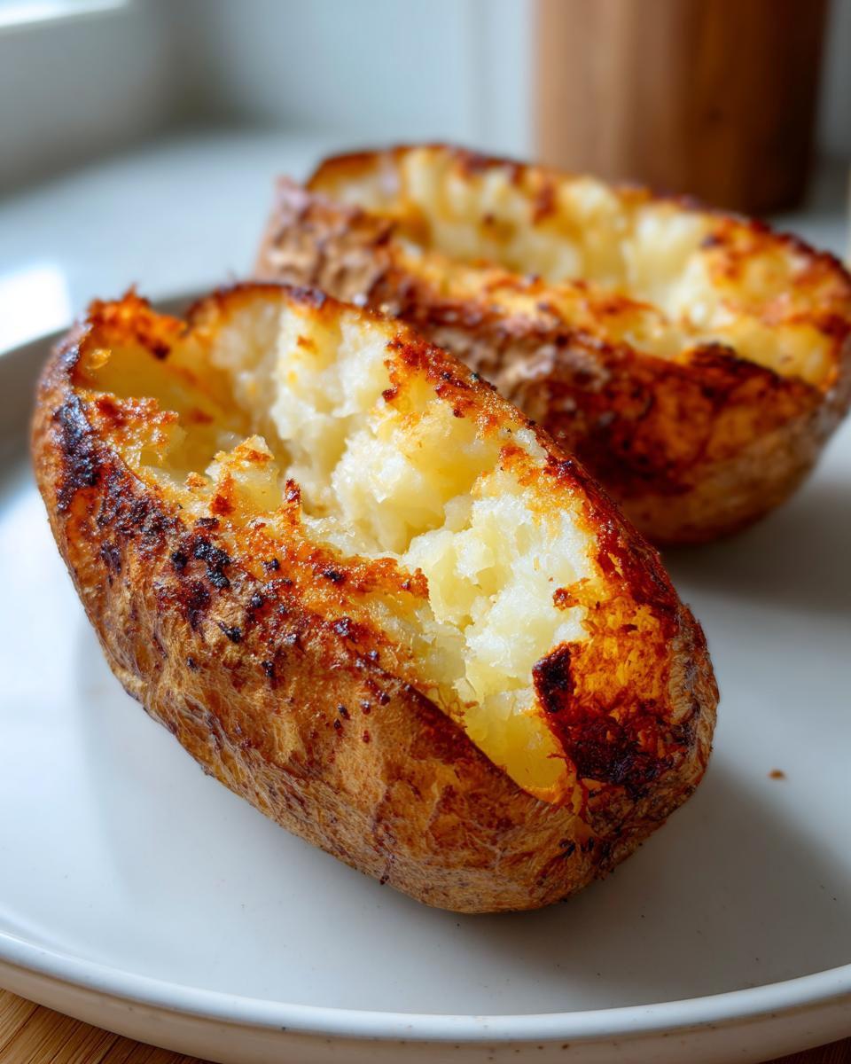 Close-up of two halves of a perfectly cooked air fryer baked potato showing fluffy interior and crispy, browned skin.