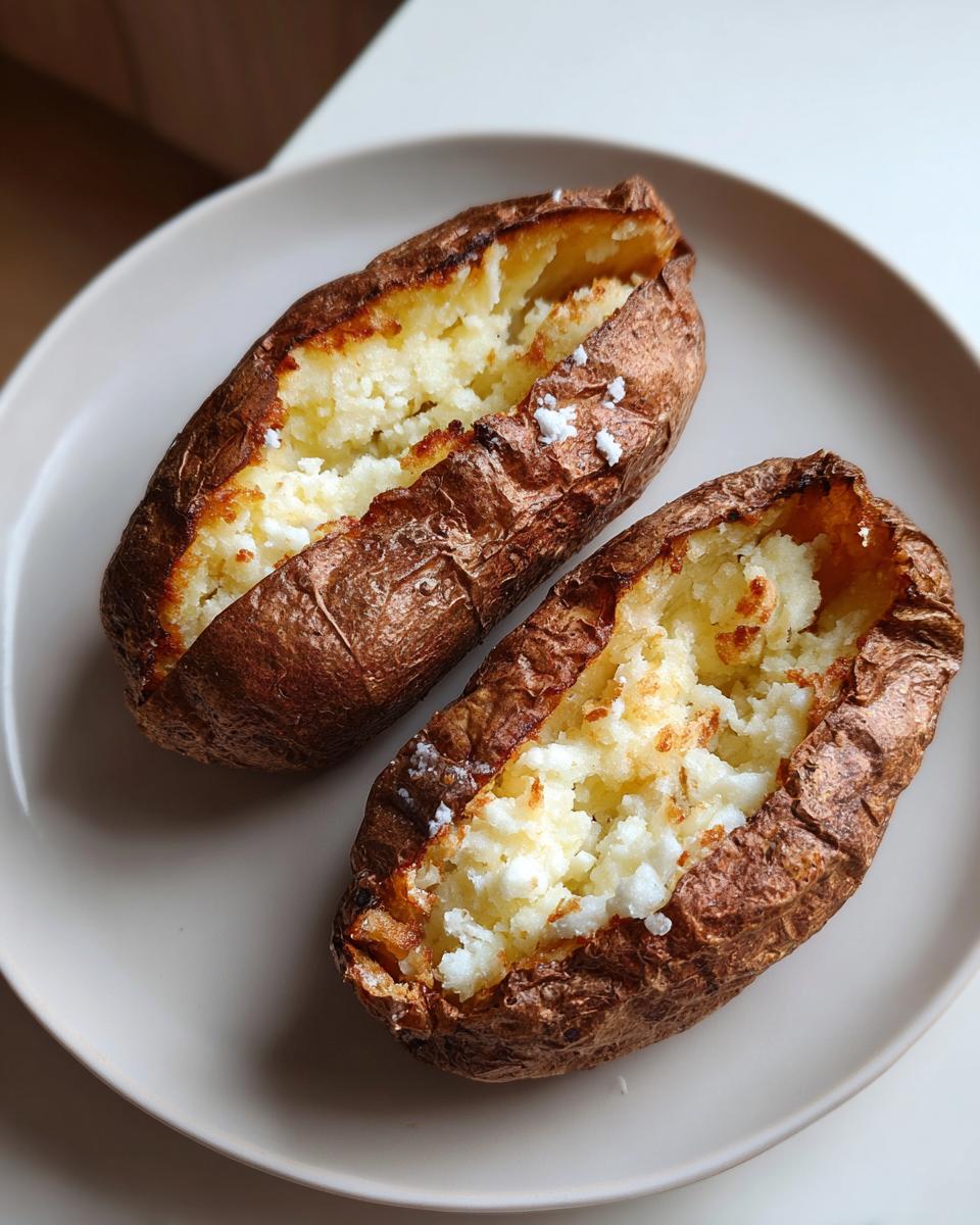 Two perfectly cooked air fryer baked potato halves, split open to show fluffy white interior and crispy skin.