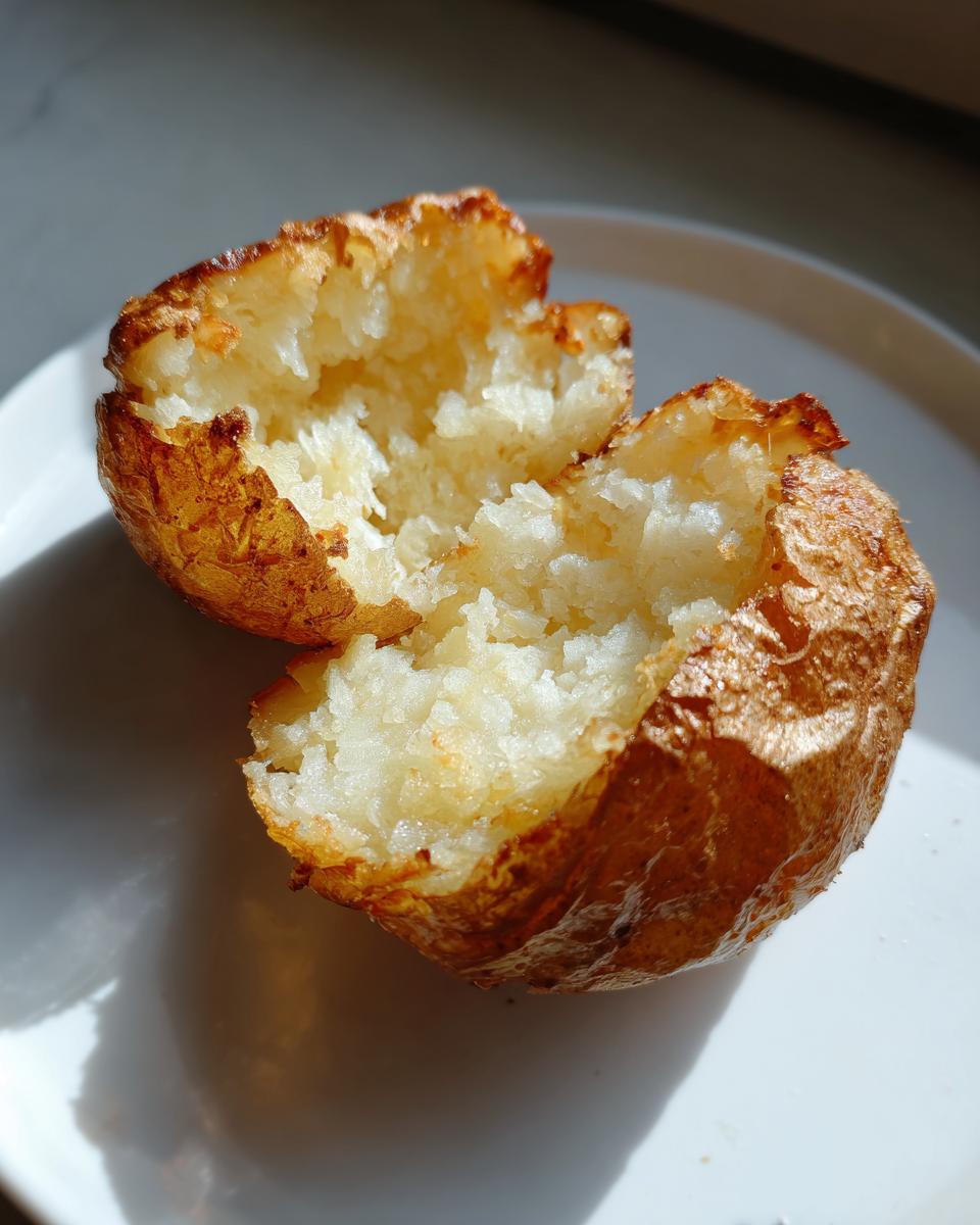 Close-up of a perfectly cooked air fryer baked potato split open, showing the fluffy white interior and crispy skin.