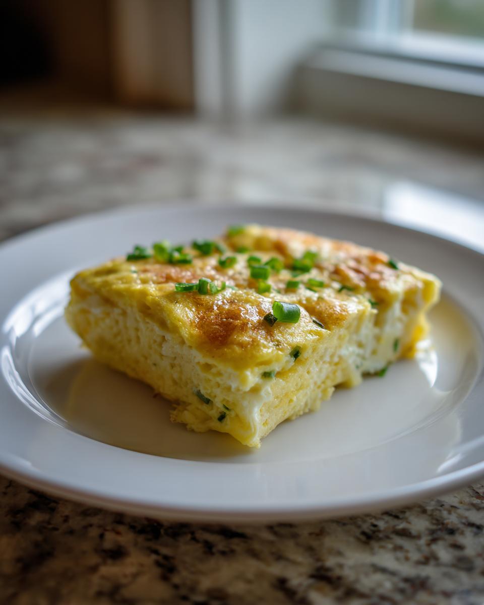 A square slice of baked sheet pan eggs, light and fluffy, topped with fresh green chives.