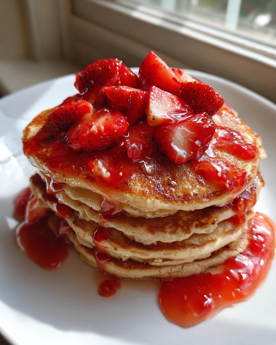 A tall stack of fluffy strawberry pancakes generously topped with sliced strawberries and glossy strawberry syrup.