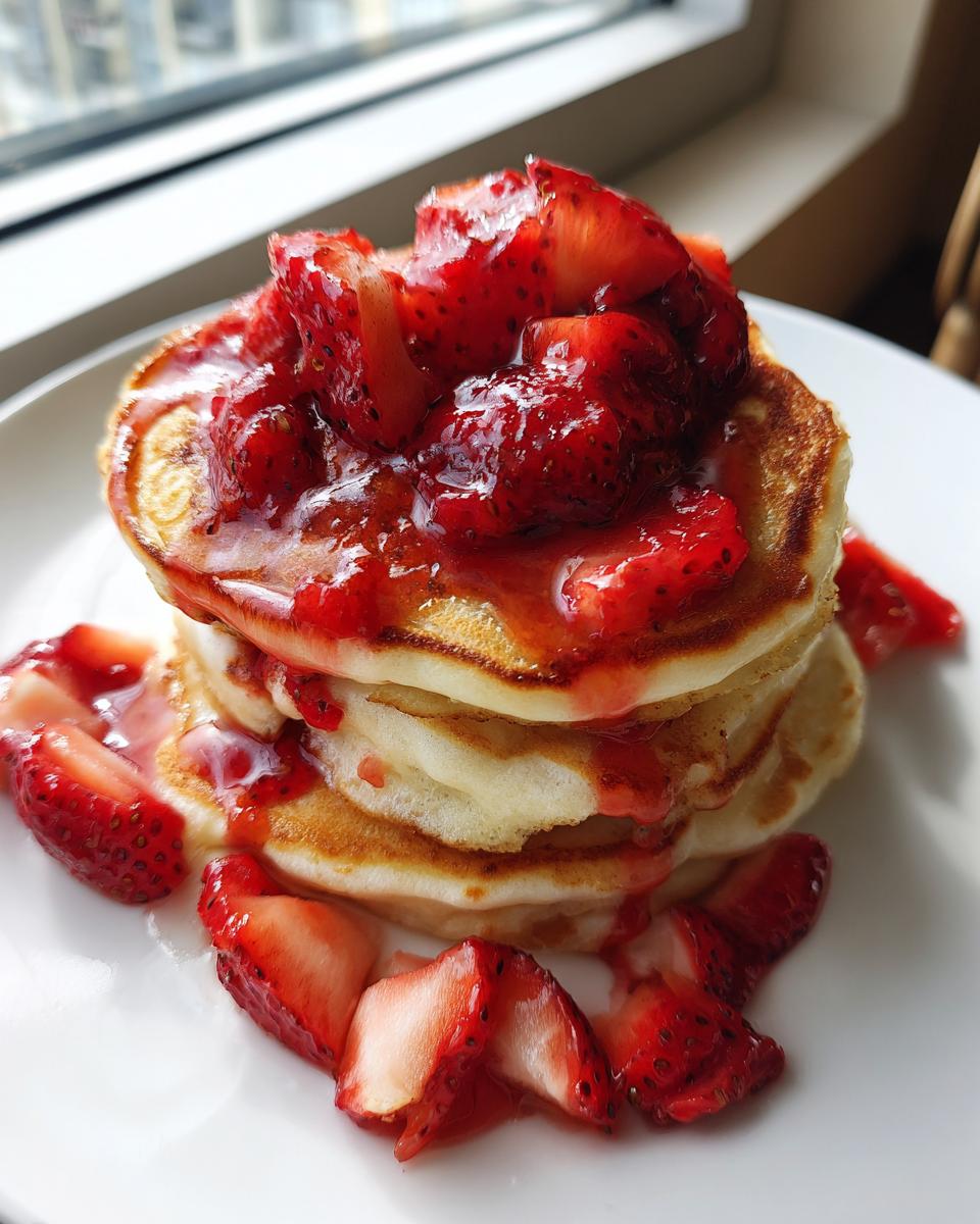 A tall stack of fluffy strawberry pancakes generously topped with macerated strawberries and syrup.