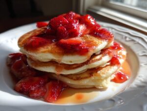 A close-up of a stack of three fluffy strawberry pancakes drenched in strawberry topping and syrup.