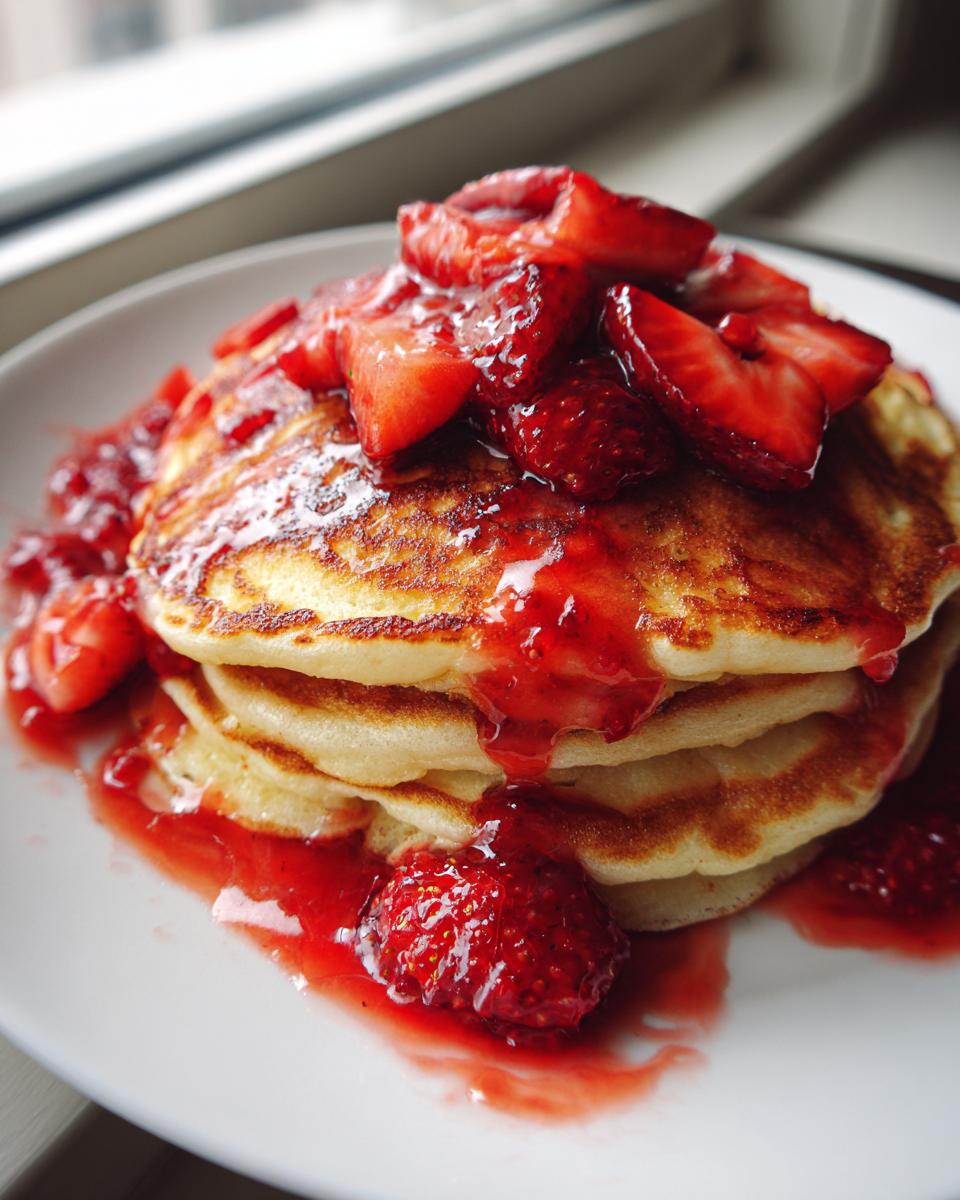 Close-up of a tall stack of fluffy strawberry pancakes generously topped with macerated strawberries and syrup.