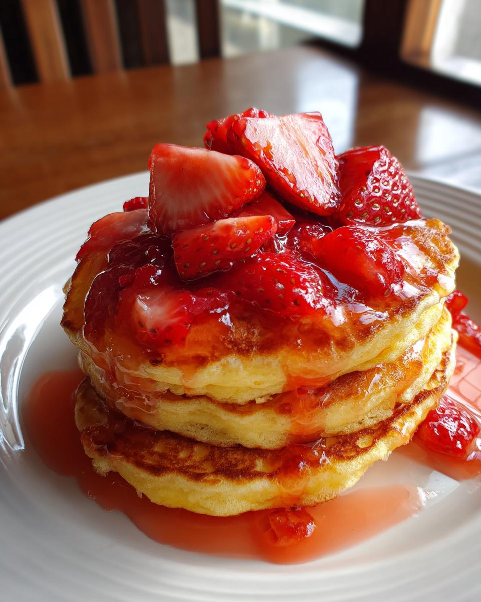 A tall stack of three fluffy strawberry pancakes topped generously with sliced strawberries and sweet strawberry syrup.