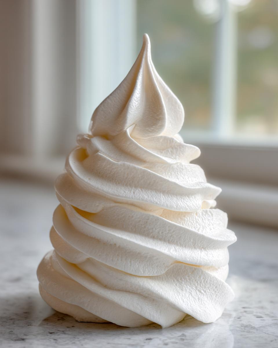 Close-up of a tall, perfectly piped swirl of fluffy vanilla buttercream frosting on a light countertop.