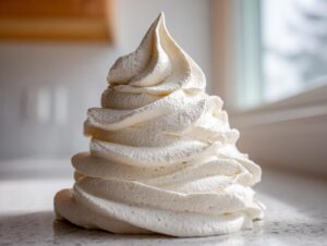 A tall, perfectly piped swirl of fluffy vanilla buttercream frosting sitting on a countertop.