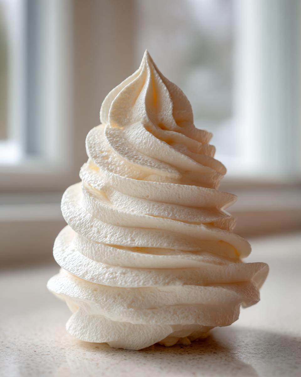 Close-up of a tall, perfectly piped swirl of fluffy vanilla buttercream frosting.
