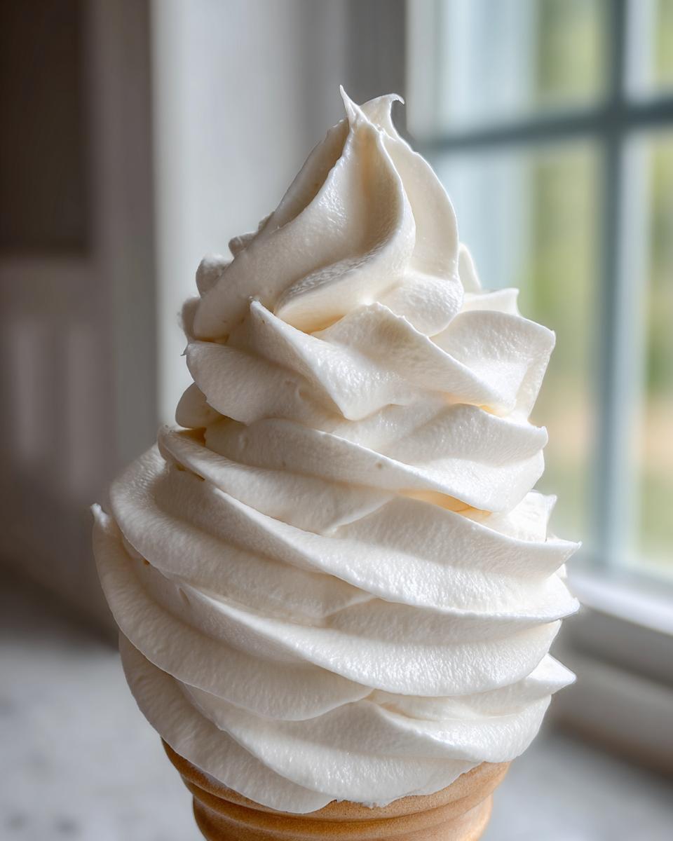 Close-up of a tall, perfectly piped swirl of fluffy vanilla buttercream frosting on a cone.