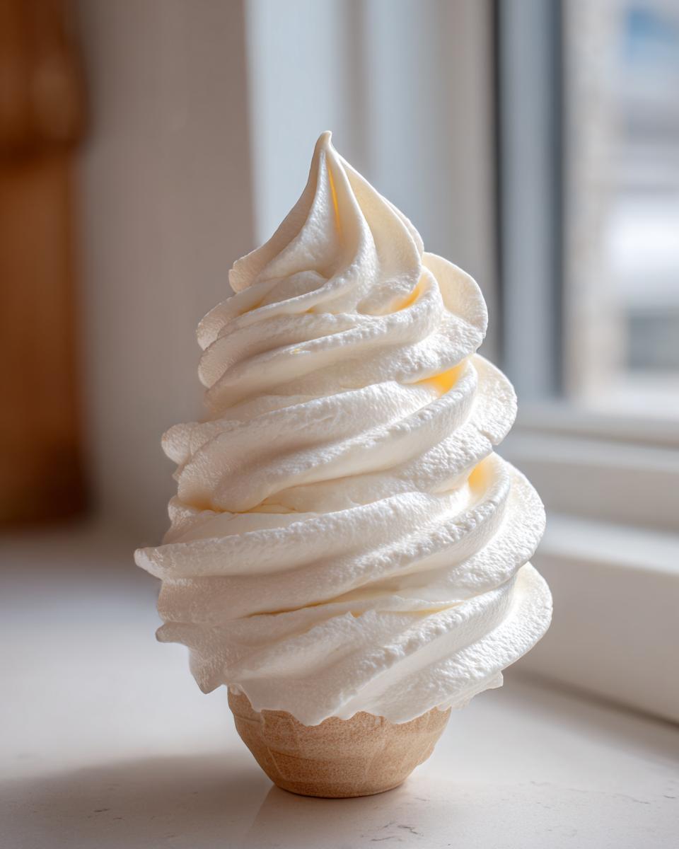 A perfectly piped swirl of fluffy vanilla buttercream frosting resembling soft-serve ice cream in a small cone.