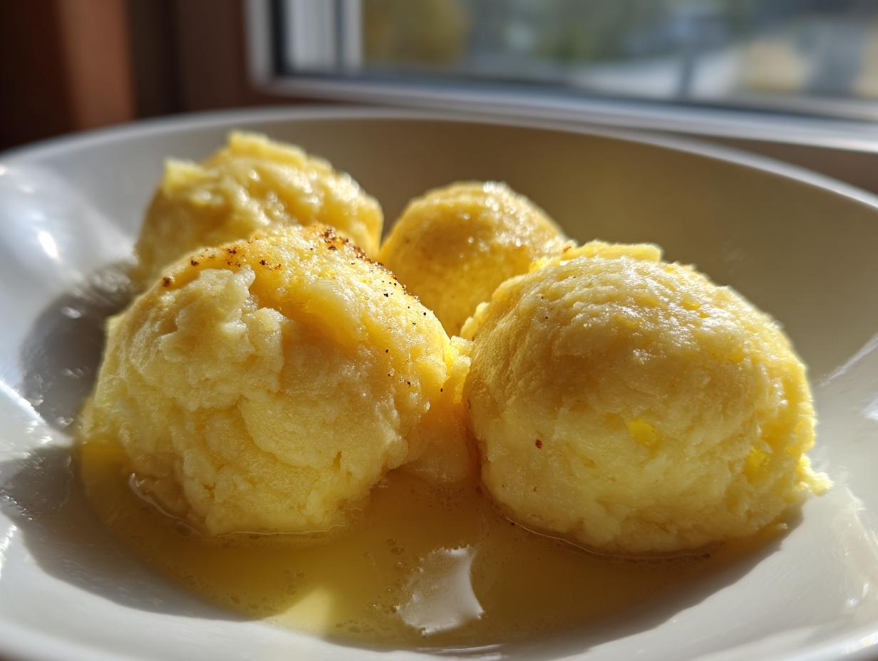 Four fluffy, yellow potato dumplings resting in melted butter on a white plate, lightly seasoned.