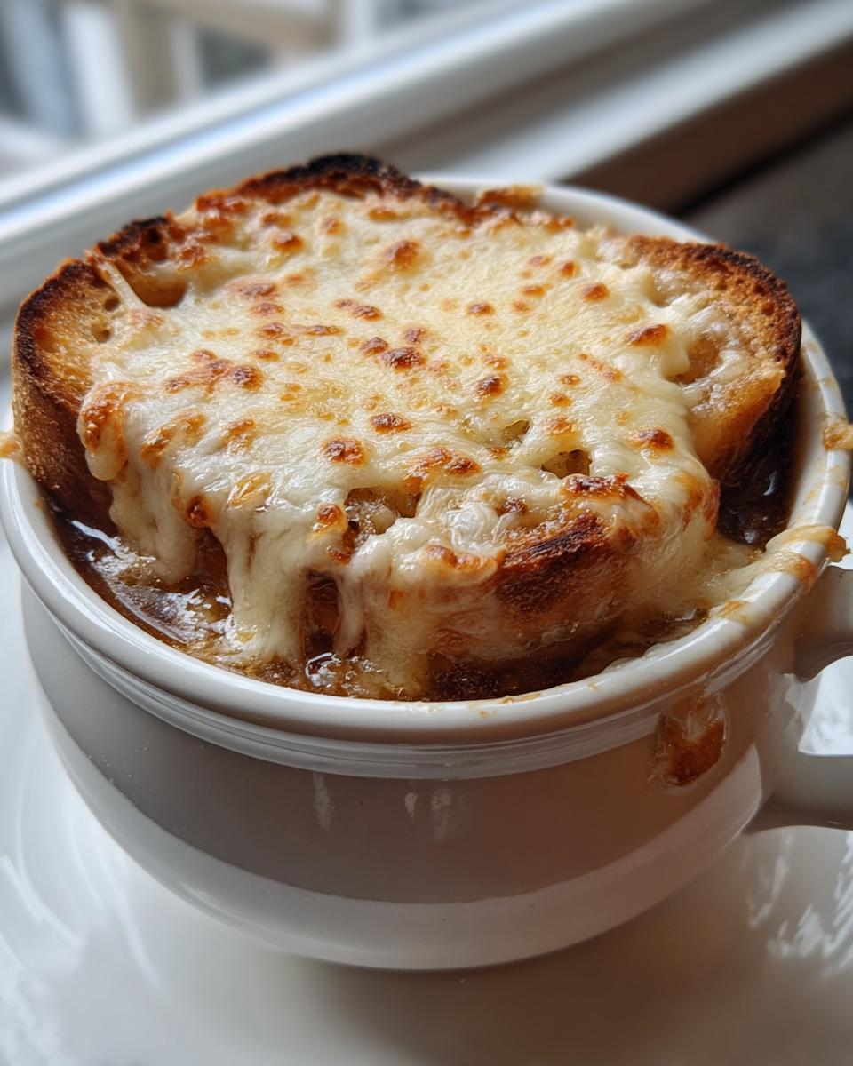 Close-up of a rich french onion soup recipe serving, topped with a thick layer of melted, browned Gruyère cheese over crouton.
