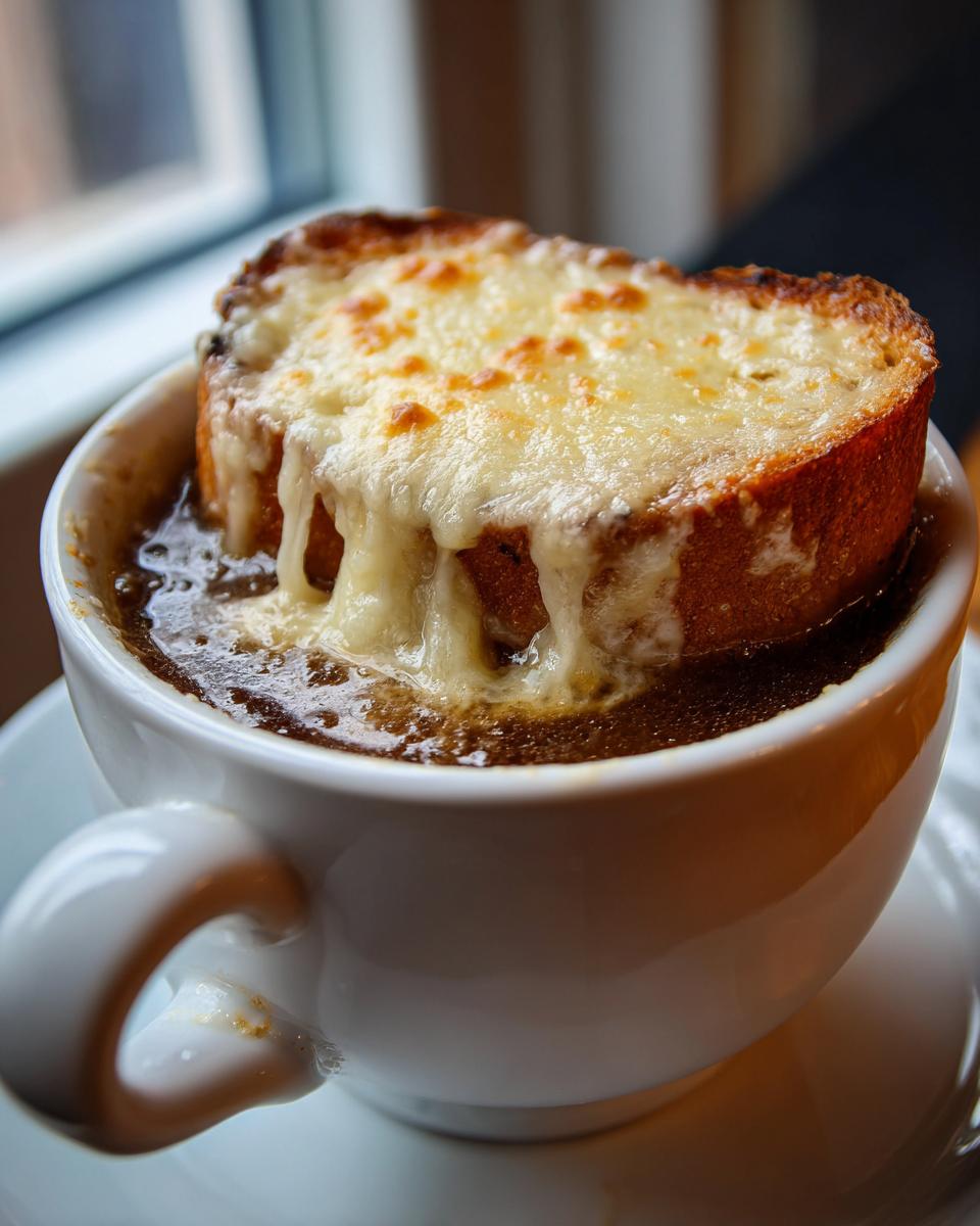Close-up of a rich french onion soup recipe topped with a thick slice of toasted bread covered in melted, bubbly Gruyère cheese.
