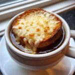 Close-up of a bowl of rich french onion soup recipe topped with a thick, melted, and browned Gruyère cheese layer on toast.