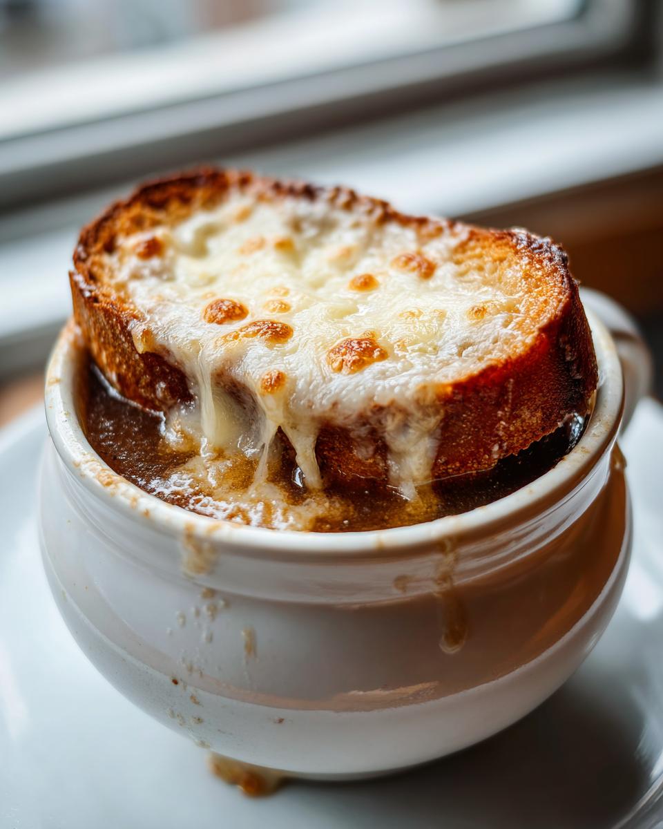 Close-up of a rich french onion soup recipe served in a white crock, topped with a thick, broiled crouton and melted, bubbly cheese.