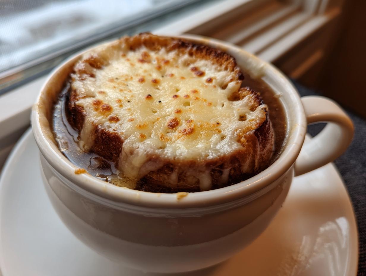 Close-up of a steaming bowl of french onion soup recipe topped with a thick slice of toasted bread and bubbly, browned Gruyère cheese.