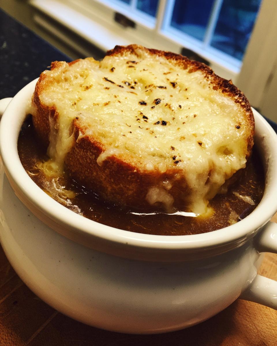 Close-up of a crock of french onion soup recipe topped with a thick, cheesy, broiled crouton.