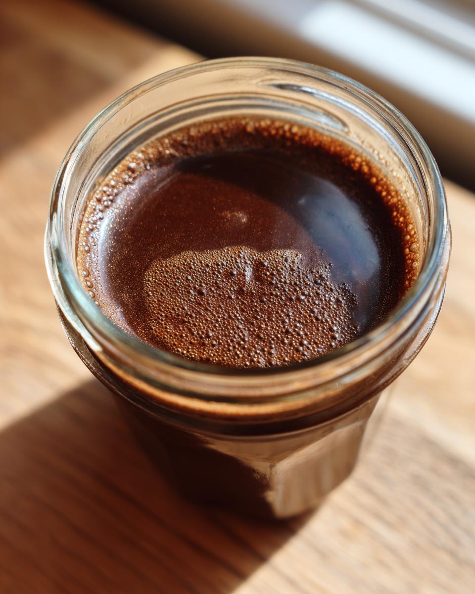 Overhead view of rich, dark chocolate syrup with a slight foam layer in a small glass jar.