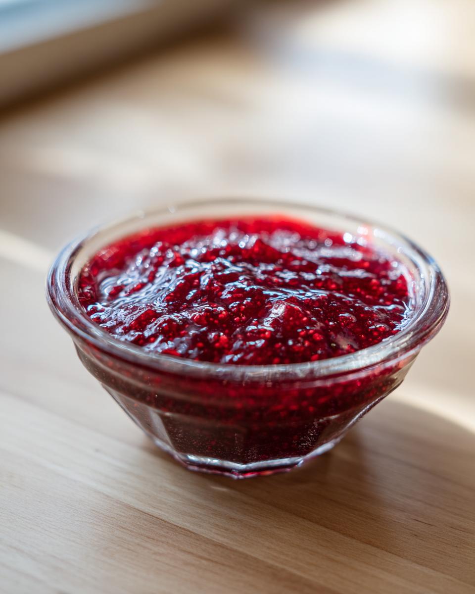 A small glass bowl filled with glistening, deep red raspberry jam, set on a light wooden surface.