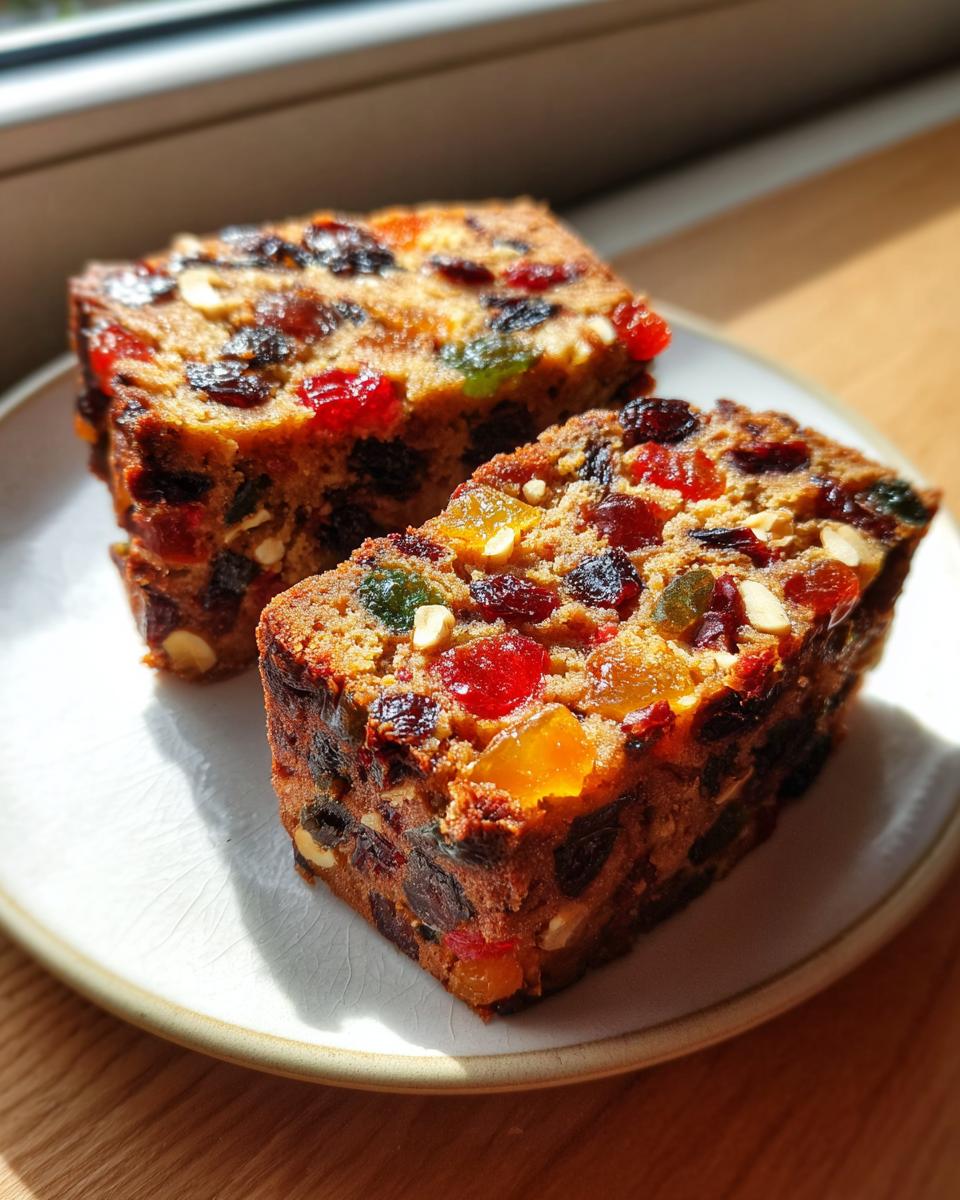 Two moist slices of fruit cake recipe packed with colorful candied fruits and nuts, served on a white plate.