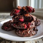 A stack of four fudgy chocolate cherry cookies, showing the gooey interior with melted chocolate chips and bright red cherries.