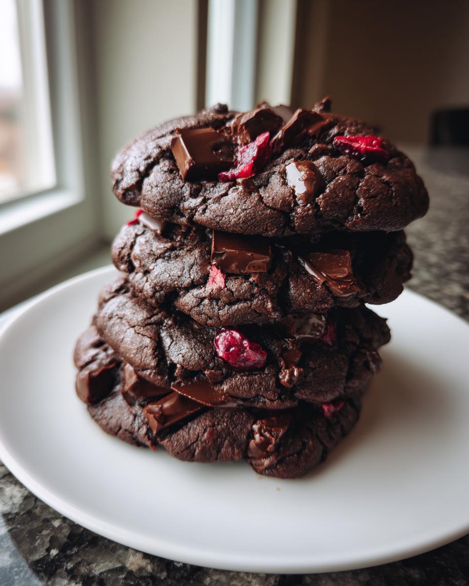 A stack of four rich, dark chocolate cherry cookies topped with melted chocolate chunks.