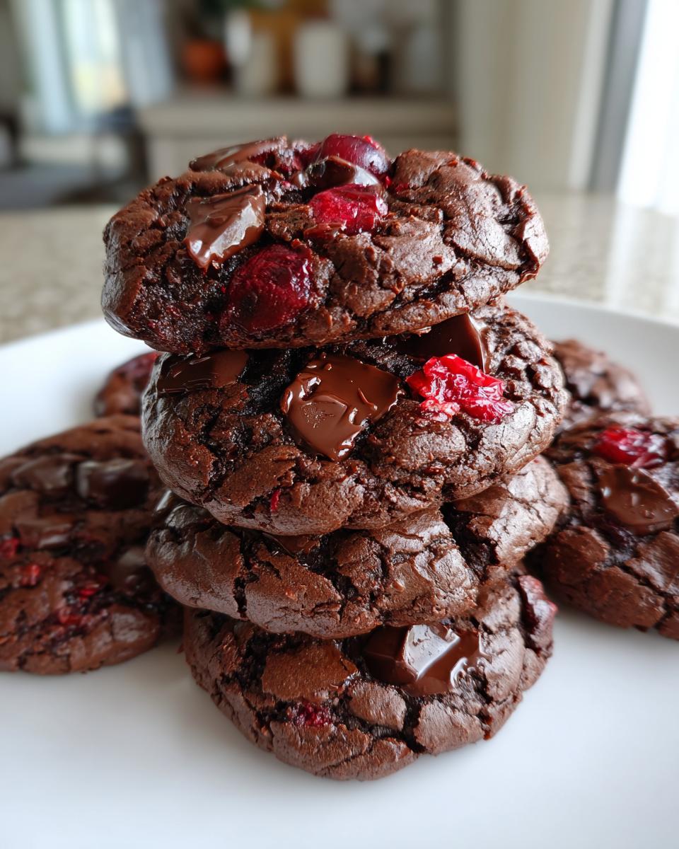 A stack of four fudgy chocolate cherry cookies topped with melted chocolate chunks and bright red cherries.